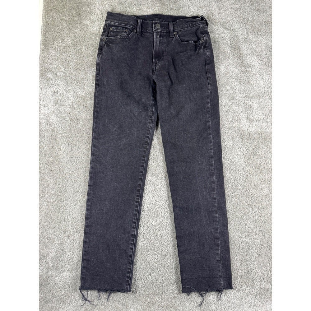 Gap Girlfriend Mid Rise Jeans 26 2R Washed Black Raw Hem Straight Leg Denim